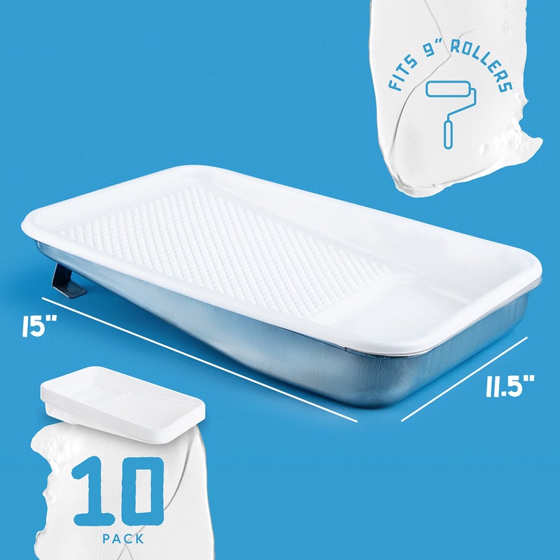 Unvert Paint Tray and Liner Set, Set Includes 9" Reusable Metal Pans Tray & 10 Pack of 9" White Plastic Paint Liners, Paint Roller Trays, Set for Household or Construction Use - Image 2